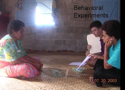 Joseph Henrich conducting ethnographic field experiments circa 2003, to understand cultural transmission and social norms on the Yasawa Islands in Fiji.