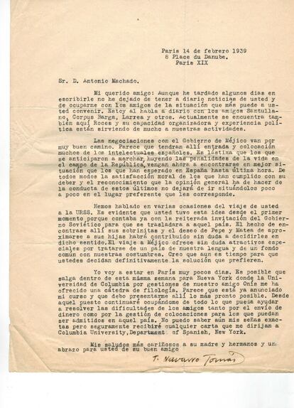 Carta de su amigo Tomás Navarro Tomás a Antonio Machado.