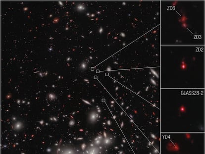 Las siete galaxias resaltadas en esta imagen del 'James Webb' están a una distancia que equivale a 650 millones de años después del Big Bang.