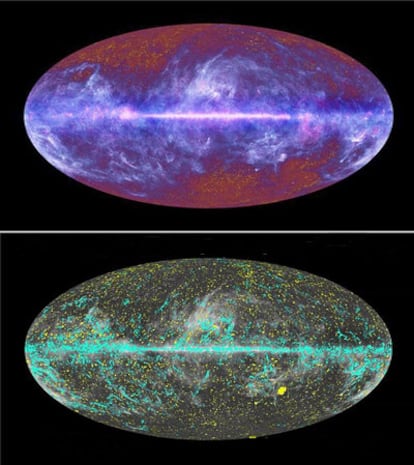 El cielo visto por <i>Planck</i> en el rango de las microondas y, abajo, nuevo mapa de fuentes frías de radiación (fuentes galácticas en azul y extragalácticas, entre ellas las galaxias hasta ahora invisibles, en amarillo).