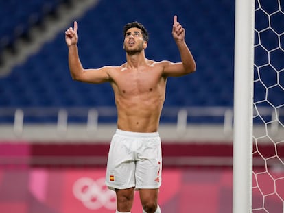 Asensio celebra su gol contra Japón, este martes en el Estadio Nacional de Saitama.