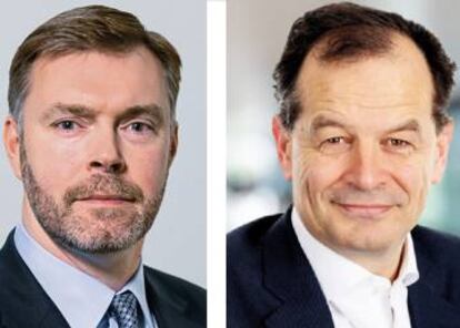 Steve Gunning, director financiero de IAG, y su sucesor, Nicholas Cadbury.