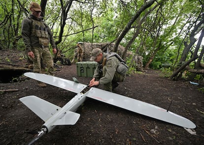 Ukrainian soldiers prepare a reconnaissance drone in the Donetsk region on June 27.