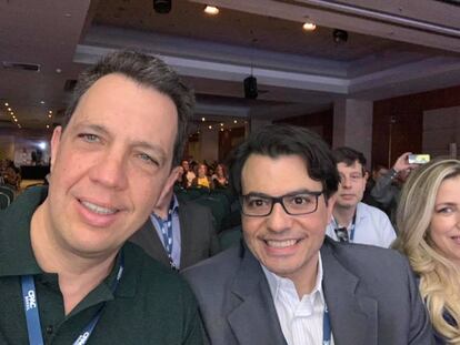 Marcos Bellizia e Otávio Fakhoury durante evento de conservadores CPAC Brasil em 2019