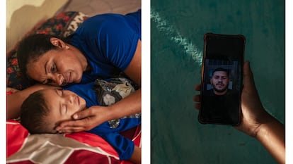 Primera imagen: Crisálida Bastidas, madre de José Manuel, descansa con el hijo de Ramos, Jared. Segunda imagen: Una foto de José Manuel en el teléfono de Roynerliz, su esposa.