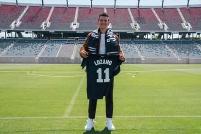 Hirving Lozano tras ser presentado en el San Diego FC, este jueves.