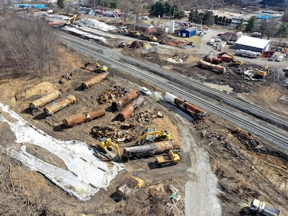 A view of the scene Friday, Feb. 24, 2023, as the cleanup continues at the site of a Norfolk Southern freight train derailment that happened on Feb. 3, in East Palestine, Ohio.