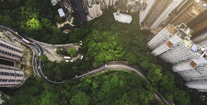 Vista aérea de una carretera entre un bosque y unos rascacielos de Hong Kong.