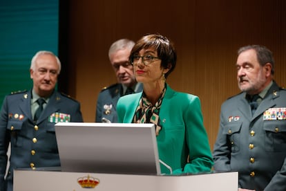 María Gámez, durante el anuncio de su dimisión, este miércoles en Madrid. 