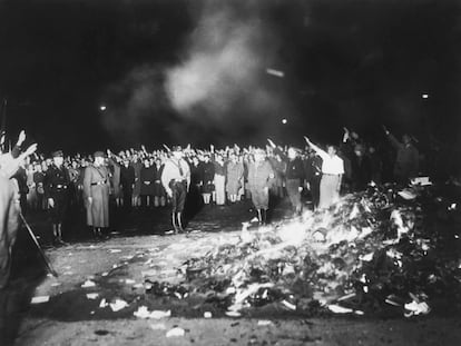 Lion Feuchtwanger’s books and others are burned at a Nazi rally in 1933.