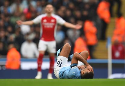 Rodri, el pasado domingo en el Etihad tras romperse el ligamento cruzado y el menisco en el partido ante el Arsenal.