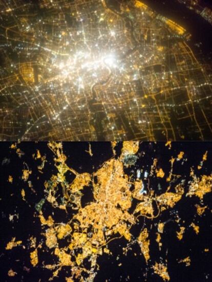 Imágenes de Shanghái (superior) y Madrid (inferior) provenientes de la ISS utilizadas en Cities at Night