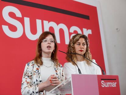 Las responsables de Comunicación y Organización de Sumar, Elizabeth Duval y Lara Hernández, este lunes en Madrid.