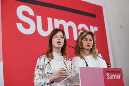 Las responsables de Comunicación y Organización de Sumar, Elizabeth Duval y Lara Hernández, este lunes en Madrid.