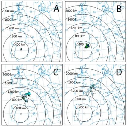 Simulación del patrón de depósito de los microplásticos hallados sobre Madrid al cabo de 1 h (A), 12 h (B), 24 h (C) y 36 h (D). Los colores azul-turquesa-verde representan órdenes de magnitud decreciente en tasa de depósito expresada como microplásticos por metro cuadrado y día.