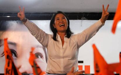 Keiko Fujimori greets her supporters.