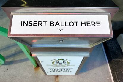 A ballot drop box sits outside the city government center, Thursday, October 5, 2023, in Bridgeport, Conn.