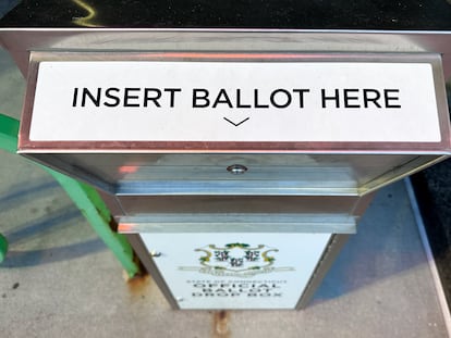 A ballot drop box sits outside the city government center, Thursday, Oct. 5, 2023, in Bridgeport, Conn.