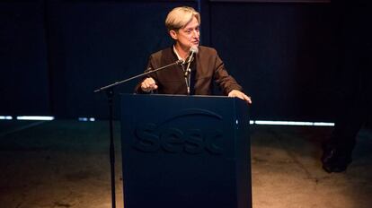 Judith Butler em palestra no Sesc Pomp&eacute;ia, em S&atilde;o Paulo