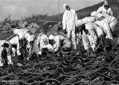 Un grupo de soldados limpian de fuel una zona rocosa de la Costa da Morte.