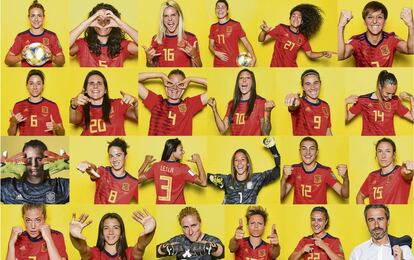 La selección española. De izquierda a derecha, y de arriba a abajo, Alexia Putellas (11), Ivana Andrés (5), Mapi León (16), Lucía García (17), Andrea Sánchez Falcón (21), Marta Corredera (7), Vicky Losada (6), Andrea Pereira (20), Irene Paredes (4), Jenni Hermoso (10), Mariona Caldentey (9), Virginia Torrecilla (14), Sandra Paños (13), Marta Torrejón (8), Leila Ouhabi (3), Lola Gallardo (1), Patri Guijarro (12), Silvia Meseguer (15), Celia JIménez (2), Aitana Bonmatí (18), Sun Quiñones (23), Amanda Sampedro (19), Nahikari García (22) y Jorge Vilda (seleccionador).