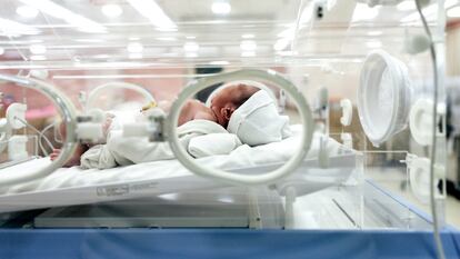 Un bebé recién en una incubadora en un centro hospitalario.