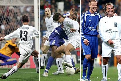 Michael Schumacher, Rafa Nadal y Carlos Sainz con David Beckham, ayer en el Bernabéu.