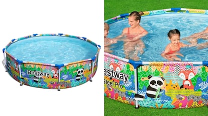 Una piscina infantil portátil con estampado exterior de dibujos.