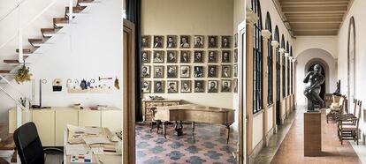 Uno de los estudios de los artistas, el Salón de los retratos y un pasillo del antiguo monasterio que es sede de la Academia.