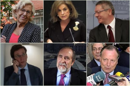 Manuela Carmena, Ana Botella y Alberto Ruiz Gallardón (arriba, de izquierda a derecha), José Luis Martínez-Almeida, Juan Barranco y José María Álvarez del Manzano (abajo): los seis alcaldes de Madrid.