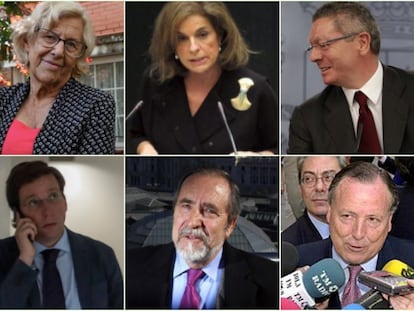 Manuela Carmena, Ana Botella y Alberto Ruiz Gallardón (arriba, de izquierda a derecha), José Luis Martínez-Almeida, Juan Barranco y José María Álvarez del Manzano (abajo): los seis alcaldes de Madrid.