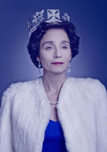 La actriz Kristin Scott Thomas caracterizada como la reina Isabel II de Inglaterra para la obra de teatro 'La audiencia'.