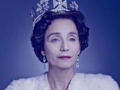 La actriz Kristin Scott Thomas caracterizada como la reina Isabel II de Inglaterra para la obra de teatro 'La audiencia'.