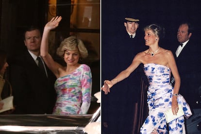 Una noche en la ópera. En la serie se verán distintos eventos a los que la pareja real acudió en la década de los ochenta. Lady Di siempre destacaba en estas citas con impresionantes vestidos de gala, en muchas ocasiones fruncidos para marcar su figura y estampados. El de la imagen del rodaje podría estar inspirado en el que lució en 1989 para asistir a la representación de Romeo y Julieta en la Royal Opera House de Londres.