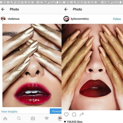 A la izquierda, la imagen de la artista anterior a la imagen con la que Kylie Jenner promocionó sus cosméticos (derecha).