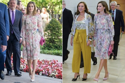La Reina también se deja ver, de vez en cuando, con prendas low cost que cualquiera puede copiarle. Este vestido floral de Zara (costaba 50 euros y acabó convirtiéndose en viral en las redes sociales) le ha solucionado la papeleta en un par de ocasiones.