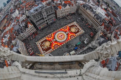 Vista aérea del tapiz floral de 1800 metros cuadrados instalado en la Grand Place de Bruselas. 