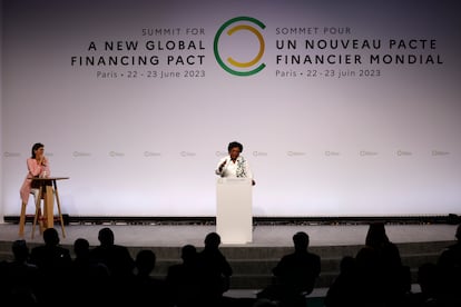 The prime minister of Barbados, Mia Mottleyon at the summit for a New Global Financing Deal.