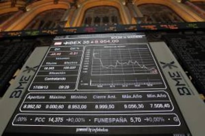 Panel de la Bolsa de Madrid que refleja la evolución del principal indicador de la Bolsa española, el IBEX 35. EFE/Archivo