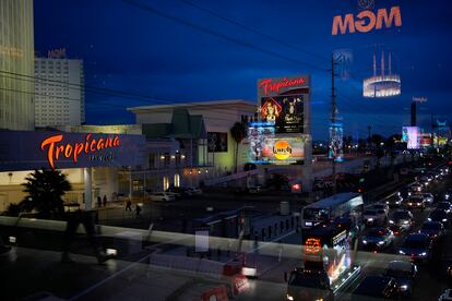 Cars drive in front of the casino on March 28.