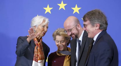 Christine Lagarde, Ursula von der Leyen, Charles Michel y David Sassoli, el domingo en Bruselas.