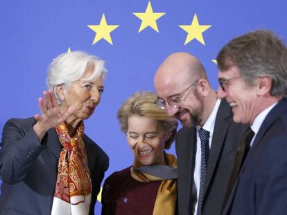 Christine Lagarde, Ursula von der Leyen, Charles Michel y David Sassoli, el domingo en Bruselas.