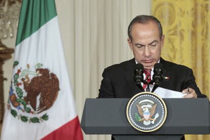 El presidente mexicano, Felipe Calderón, este jueves tras su reunión con Obama en la Casa Blanca.