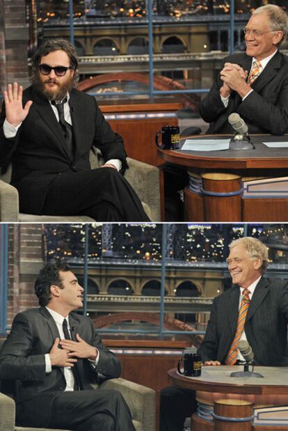 Arriba, Joaquin Phoenix  cuando acudió por primera vez al programa de Letterman, el 1 de febrero de 2009. Abajo, pidiendo perdón.