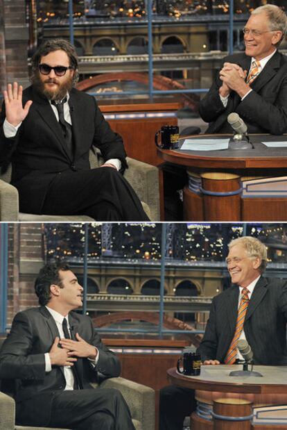 Arriba, Joaquin Phoenix cuando acudió por primera vez al programa de Letterman, el 1 de febrero de 2009. Abajo, pidiendo perdón.