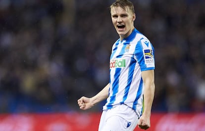 Martin Odegaard con la camiseta de la Real Sociedad en su último partido contra la SD Eibar.