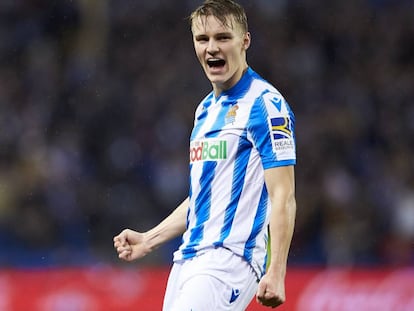 Martin Odegaard con la camiseta de la Real Sociedad en su último partido contra la SD Eibar.