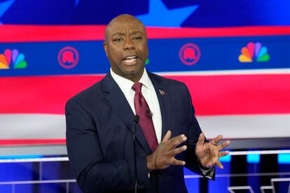 Sen. Tim Scott, R-S.C., speaks during a Republican presidential primary debate, Nov. 8, 2023, in Miami.