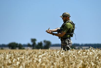 Un militar ucranio en un campo de trigo en Zaporiyia, el 17 de julio.