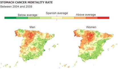 A map showing the stomach cancer mortality rate in Spain.